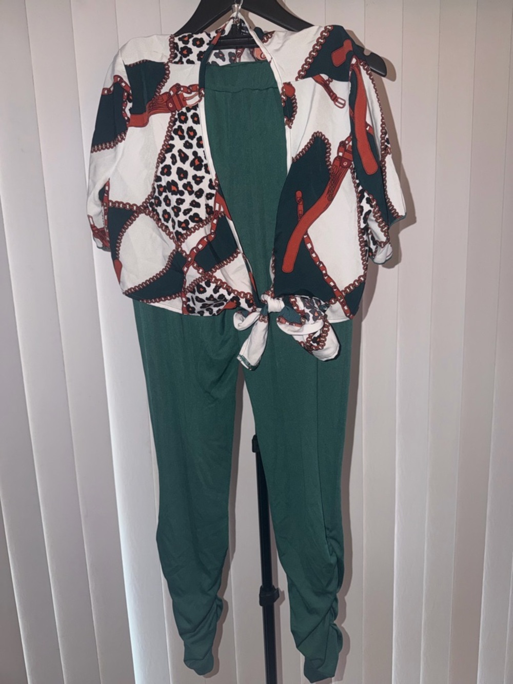 SHEIN Green Jogger Jumpsuit with Printed Tie-Front Top